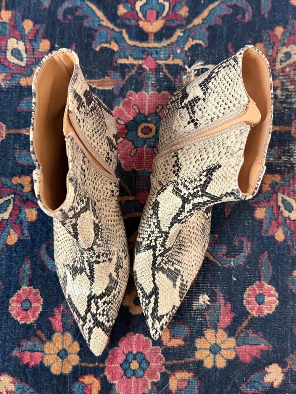 SCHUTZ Snake-Print Pointed Ankle Booties in Beige and Black